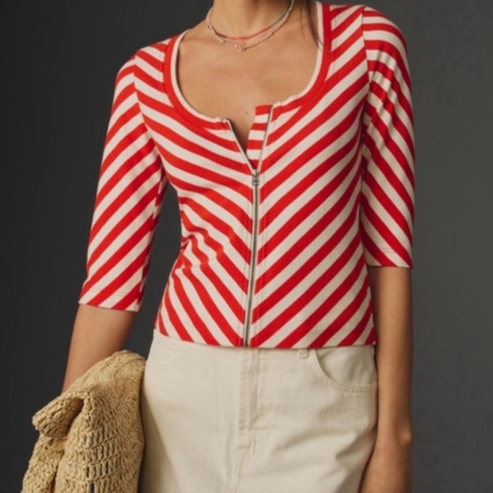 Striped Red and White Zip-Front Women’s Top